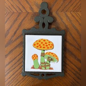 Vintage 1970s Cast Iron Mushroom Ceramic Trivet with Original Markings Numbered